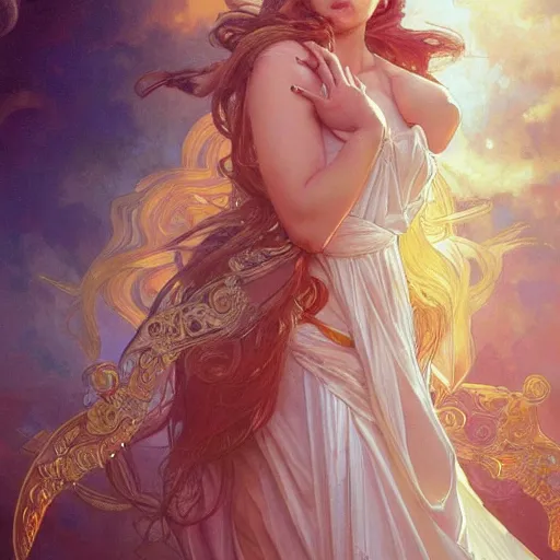 Image similar to golden angel, fantasy, highly detailed, digital painting, artstation,illustration, art by artgerm and greg rutkowski and alphonse mucha