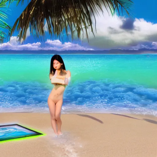 Prompt: a VHS still of a an Asian female model inside a vaporwave surreal beach, Windows98 logo