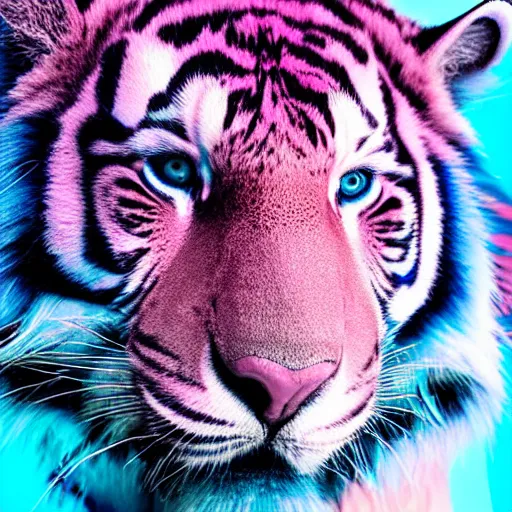 Prompt: a close up photograph with a faded color palette, extreme details and studio lighting of a pink tiger with realistic fur on blue gradient background, 8 k, portrait