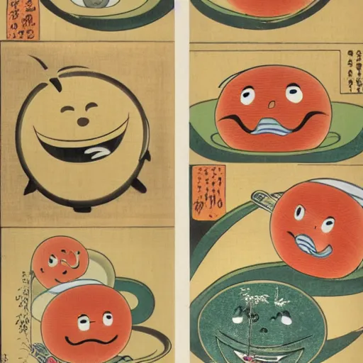 Image similar to traditional japanese ukiyo - e depicting happy smiley coffee cups in a beautiful natural environment