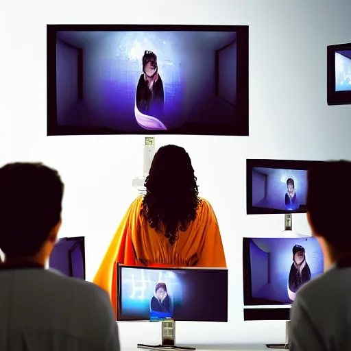 Prompt: “people in robes watching big brother on computer graphics conference 4K realistic”