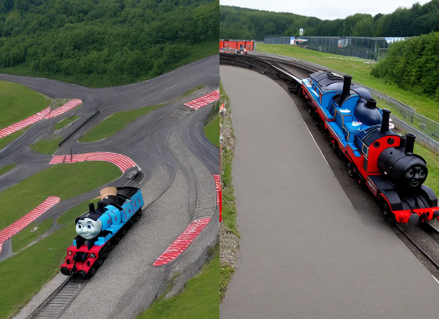 Prompt: Thomas the Tank Engine, on the racetrack Nurburgring Nordschleife. Setting a hot lap