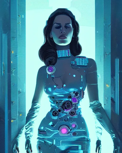 Image similar to portrait of lana del rey as a cyberpunk cyborg. sci - fi intricate abstract. intricate artwork, tear drops, roses, by tooth wu, wlop, beeple, dan mumford. concept art, octane render, trending on artstation, greg rutkowski, asymmetrical, cinematic arthouse, key art, hyper realism, iridescent accents