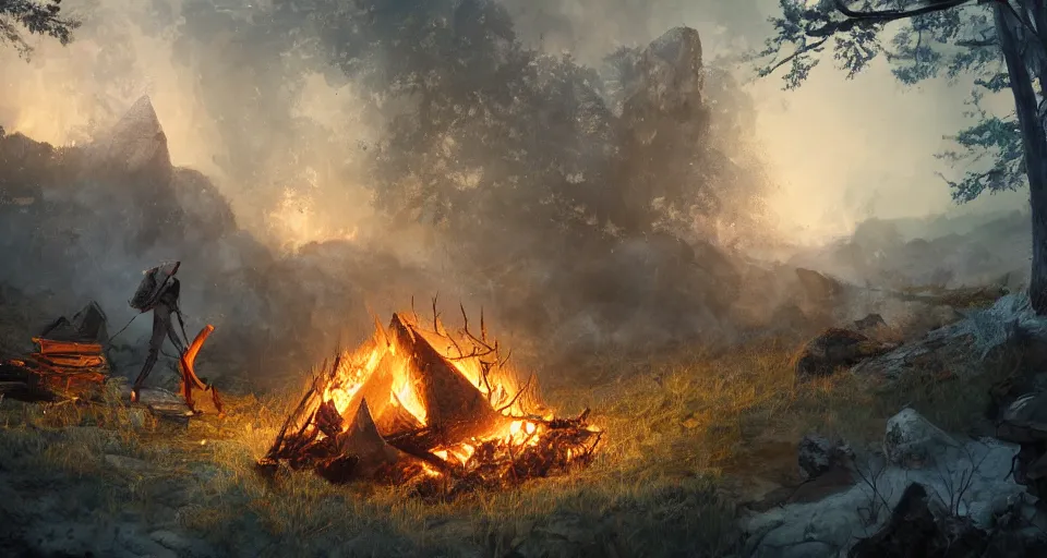 Image similar to an epic fantasy adventurer's tent left alone with a smoldering camp fire, 4 k, extremely detailed. award winning, trending on artstation, 8 k, ultra wide angle
