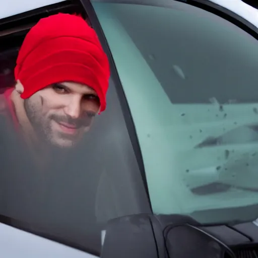 Prompt: a man wearing a red ski mask, leaning out the window of a car