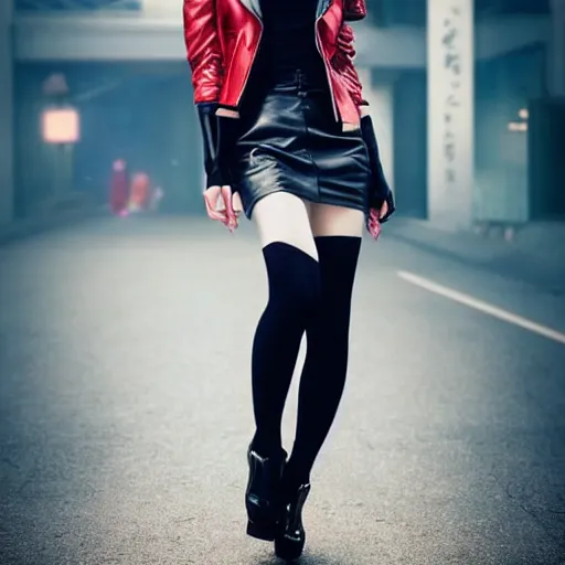 Image similar to a dynamic, epic cinematic 8K HD movie shot of a japanese beautiful cute young J-Pop idol actress yakuza rock star girl wearing leather jacket, miniskirt, nylon tights, high heels boots, gloves and jewelry. Motion, VFX, Inspirational arthouse, at Behance, with Instagram filters