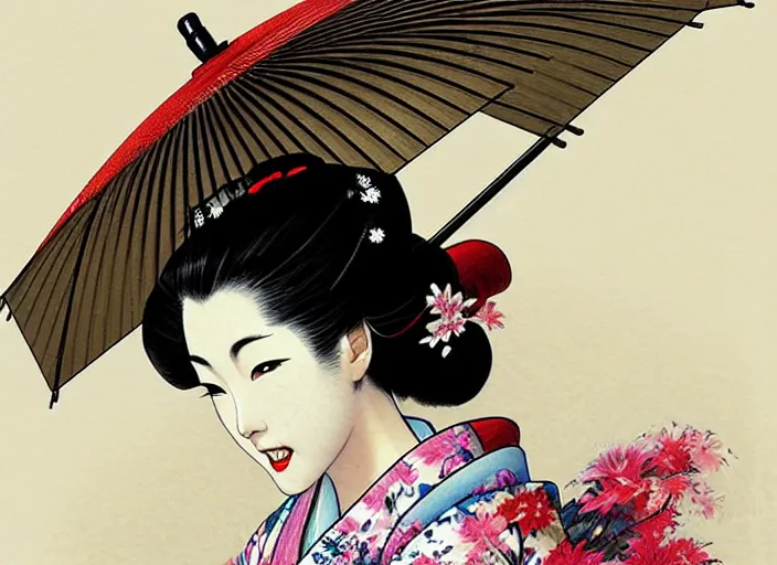 Prompt: a portrait of a beautiful geisha with an umbrella sticking out of her hair, by takehiko inoue and kim jung gi and thomas kinkade, masterpiece illustration, realistic face and anatomy