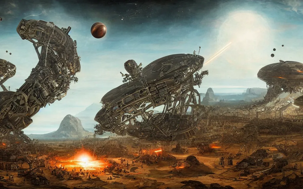 Prompt: complex alien technology that can create a force field, used to protect a planet from incoming asteroids by hendrick goltzius and michal lisowski