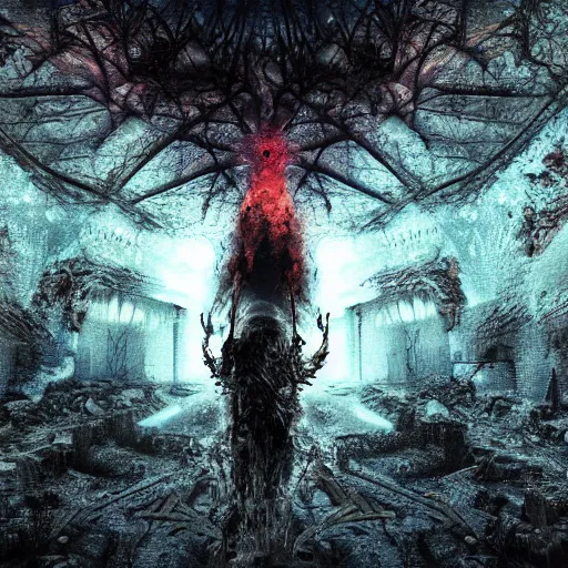Image similar to I am anti-life. The Beast of Judgement. The dark at the end of everything. God like, Biblical, Apocalypse, End of Times, Superb, Invincible, Merciless, Mayhem, Chaos, Death Incarnate, fog, smoke, ashes, hellfire, rain of blood, Highly detailed 3d fractal, volumetric lighting, sharp focus, ultra-detailed, hyperrealistic, complex, intricate, 3-point perspective, hyper detailed, unreal engine 5, IMAX quality, cinematic, finely detailed, small details, extra detail, symmetrical, high resolution, rendered 3D model, octane render, arnold render, PBR, path tracing, 8k, 4k, HD, hi-res, award-winning, awe-inspiring, ground-breaking, masterpiece , artgem, Dark Fantasy