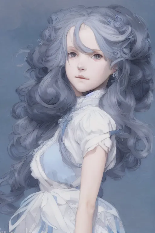 Image similar to a character design of young black lolita dressed girl, grey and blue theme, wavy white long hair by krenz cushart and mucha and akihito yoshida and greg rutkowski, detailed eyes, 4 k resolution