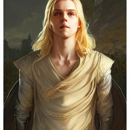 Image similar to an epic fantasy comic book style portrait painting of a young blonde boy wearing plain thief clothes, d & d, fantasy, intricate, elegant, highly detailed, digital painting, artstation, concept art, matte, sharp focus, illustration, art by artgerm and greg rutkowski and alphonse mucha