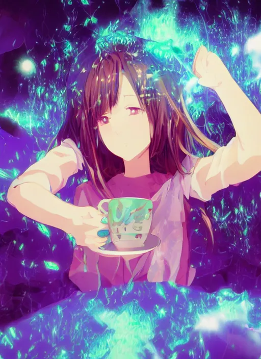 Prompt: surreal dreamscape anime key visual wild and lugubrious waif sipping tea in a place beyond time, incomprehensible scenery, wild frenetic dreamscape it's just STUPID how vivid and pleasing it looks, SERIOUSLY, WHAT, EXPLOSION NOISY GLITCHY NOISY WILD ABSTRACT NOISE GLITCH FIRE HYPER CONCENTRIC RINGS anime key visual protagonist large dreamy anime eyes glitterbarf glitterbarf glitterbarf SO MUCH 90s anime protagonist