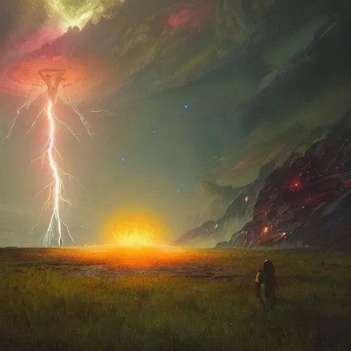 Prompt: lightning, alien planet, overdetailed art, by greg rutkowski, by Alfons Mucha, complementing colors, colorful lights, fireflies, detailed illustration, octane render, smoky