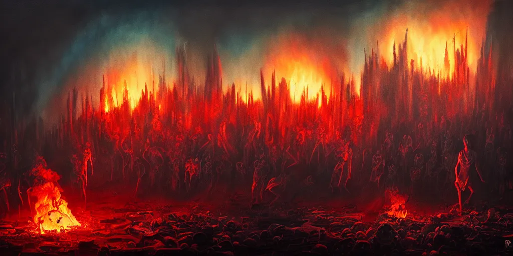 Image similar to repressed emotion creatures and monsters riot in a fiery wasteland, dramatic lighting glow from giant fire, attempting to escape to the surface and start a revolution, in a dark surreal painting by ronny khalil