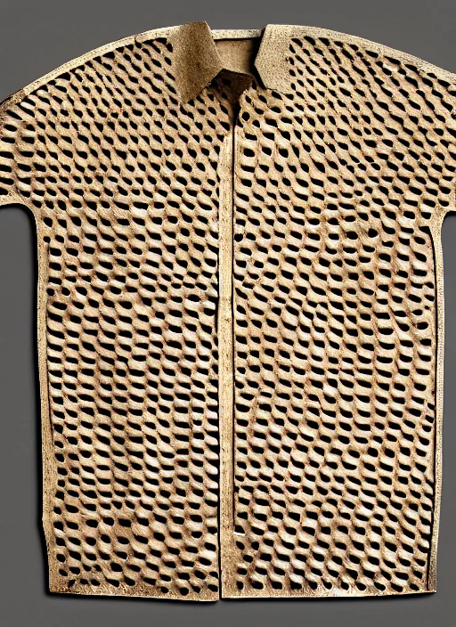 Prompt: realistic photograph of a a wooden sculpture object shirt made of oak wood, covered with brass dots on a grey background, centered composition, archival photography, metropolitan museum archive photo, 1 9 9 0, grain