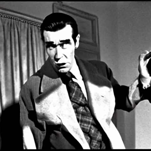 Image similar to scene from the horror picture show with james stewart!!!! james stewart!!!! is acting surprised