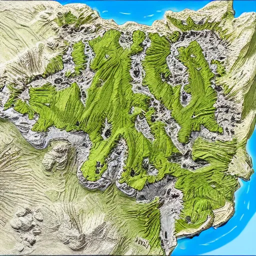 Prompt: a cross - section relief map of westeros