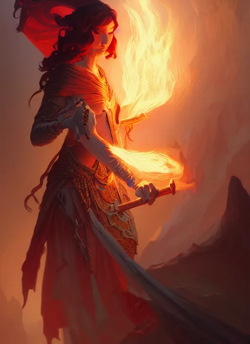 Image similar to fire wizard, deep focus, d & d, fantasy, intricate, elegant, highly detailed, digital painting, artstation, concept art, matte, sharp focus, illustration, hearthstone, art by artgerm and greg rutkowski and alphonse mucha