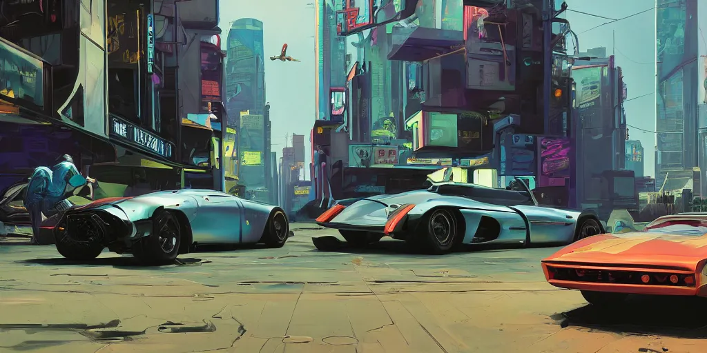 Image similar to art style by Ben Aronson and Edward Hopper and Syd Mead, wide shot view of the Cyberpunk 2077, on ground level. full view of the Tata Tamo Racemo with wide body kit modification and dark pearlescent holographic paint, has gullwing doors open.