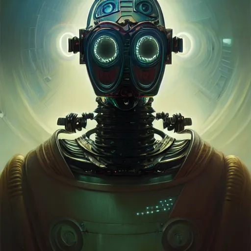 Image similar to low angle shot of a cyberpunk gazmask robot character, intricate, elegant, highly detailed, centered, digital painting, artstation, concept art, smooth, sharp focus, illustration, artgerm, Tomasz Alen Kopera, Peter Mohrbacher, donato giancola, Joseph Christian Leyendecker, WLOP, Boris Vallejo