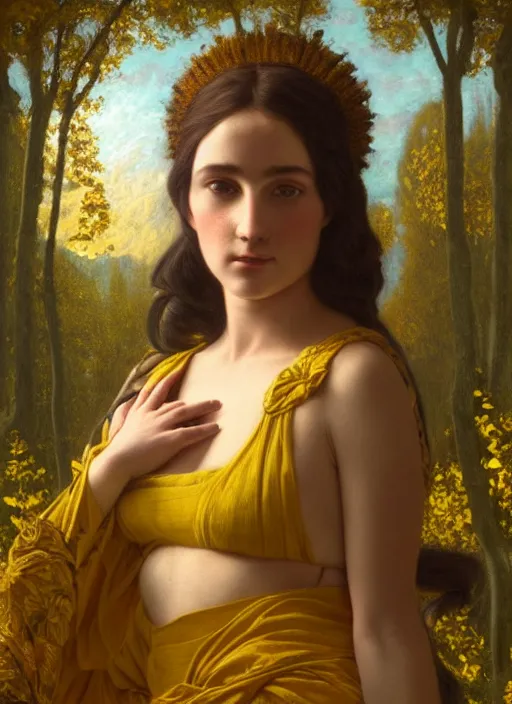 Image similar to intricate oil painting portrait by John William Godward and Anna Dittman depicting a female fantasy cleric in a bright temple surrounded by yellow spring forest and dead trees, evening, atmospheric lighting, intricate detail, cgsociety, hyperrealistic, octane render, RPG portrait, ambient light, dynamic lighting