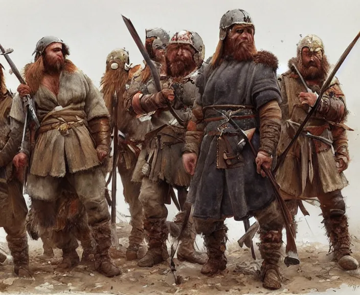 Image similar to a small garrison of barbarian men dressing for battle, art by denys tsiperko and bogdan rezunenko, hyperrealism