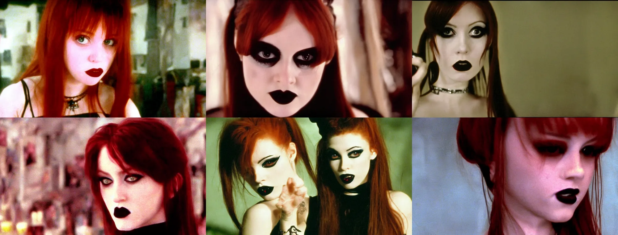 Prompt: closeup still of a young goth ginger actress in the music video, directed by Quentin Tarantino, 1999 cinematography