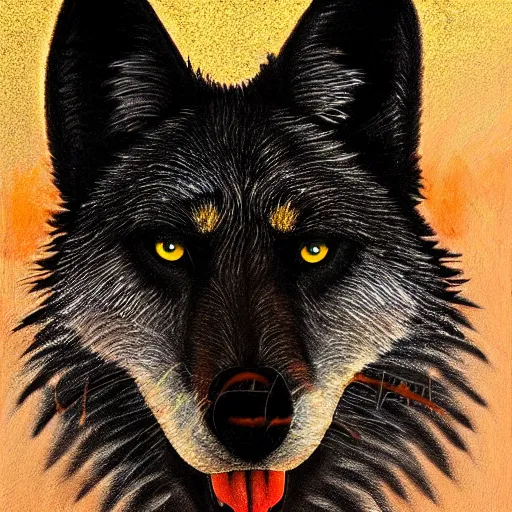 Prompt: black wolf in an australian desert, gold colored eyes, painting