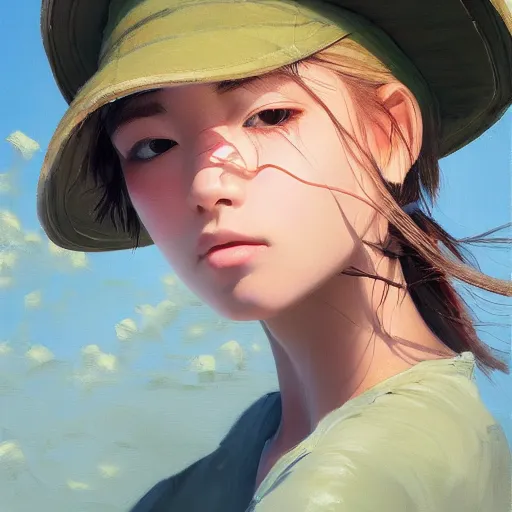 Prompt: oil painting by ilya kuvshinov,, chad knight, artgerm craig mullins, coby whitmore, of a youthful japanese girl, long hair, fishing and wearing fisherman's outfit, fisherman's hat, highly detailed, breathtaking face, studio photography, noon, intense bounced light, water reflection, large tree casting shadow, serine intense sunlight