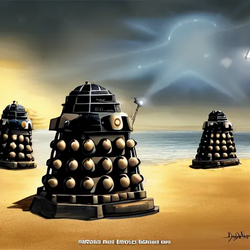 Prompt: Daleks storming Normandy beach, concept art, cinematic