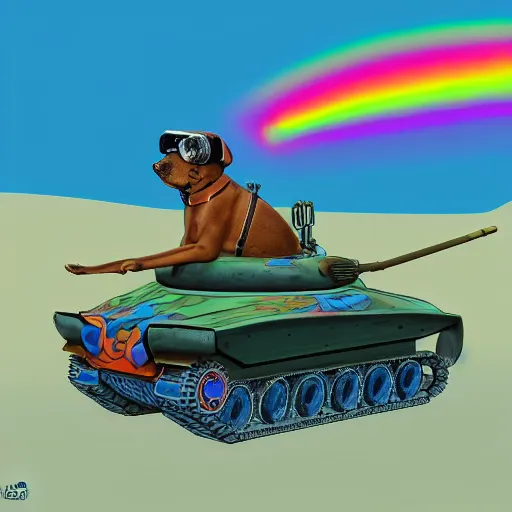 Image similar to A dog wearing goggles driving a brightly coloured tank in a desert, ultra detailed, digital art, 4K
