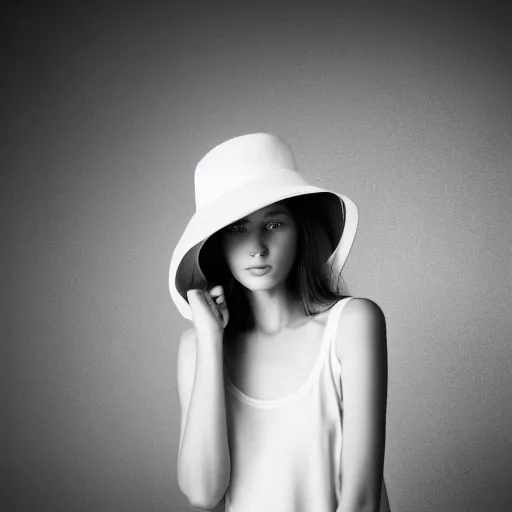 Prompt: black and white photograph of centered fashion model girl in wide !white! hat, hyperrealism style