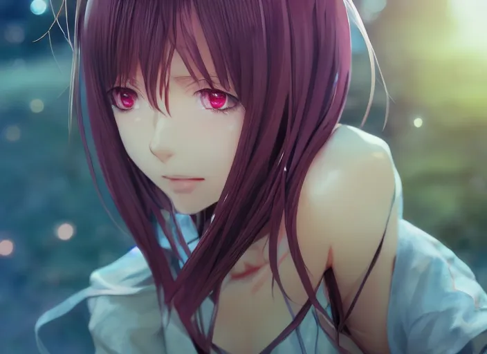 Image similar to photorealistic anime girl render, visual novel, detailed face, colorful, atmosphere cinematic, by wlop, by ilyu kuvshinov, soft shadows, concept art, super detailed, octane render, 8 k, unreal engine 5, super realistic, ufotable studio art style, trending in pixiv, japanese light novel cover, website banner