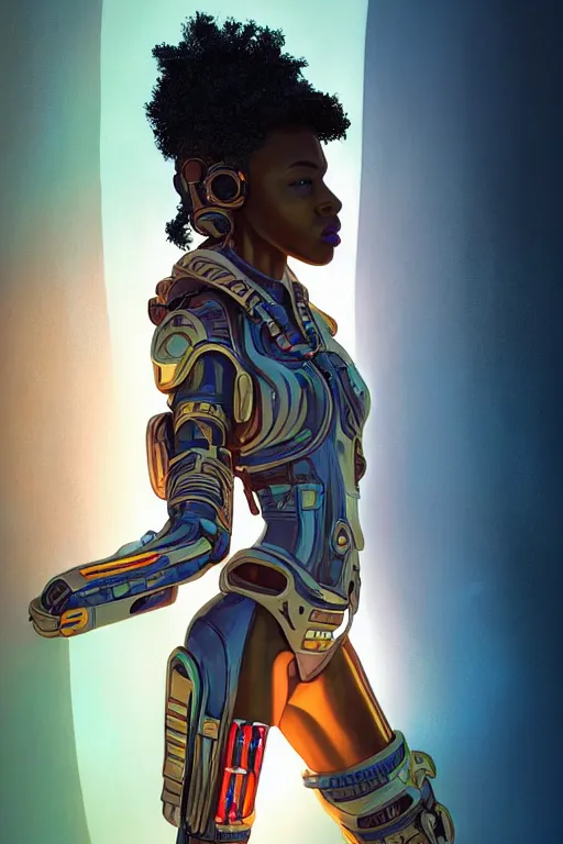 Prompt: portrait futuristic beautiful african Airforce armored pilot Girl, Afro hair, at inside of future fighter aircraft, ssci-fi, fantasy, intricate, very very beautiful, elegant, human anatomy, neon light, highly detailed, digital painting, artstation, concept art, soft light, smooth, sharp focus, illustration, art by tian zi and WLOP and alphonse mucha