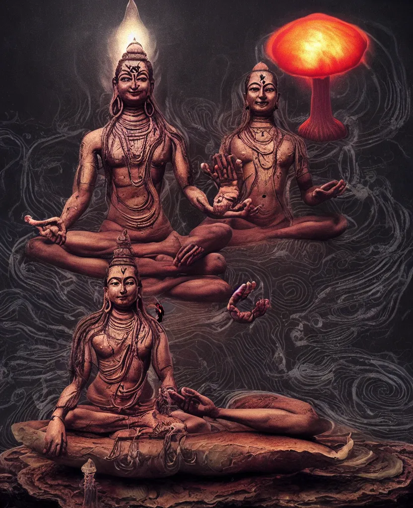 Prompt: One many-armed Shiva sitting in the lotus position. Nuclear mushroom cloud on the background. Dark colors, high detail, hyperrealism, horror art, masterpiece, close-up, zoom, concept art, octane render, biopunk, body-horror, ceremonial portrait, solo, macrophoto, art