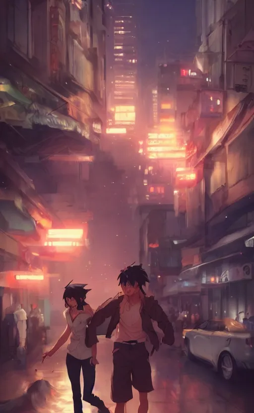 Image similar to a street fight, full shot, atmospheric lighting, detailed faces, by makoto shinkai, stanley artgerm lau, wlop, rossdraws