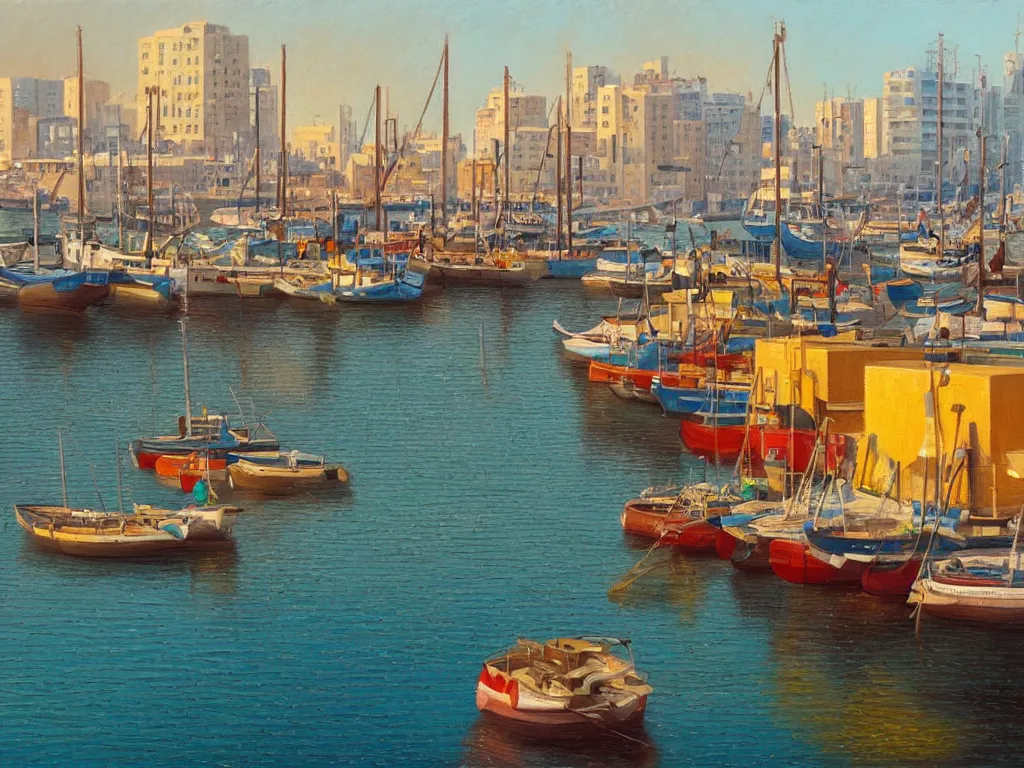 Prompt: A detailed oil painting of the beautiful port of Tel Aviv, harbour, boats, in the style of Michiel Schrijver, isometric, pastel colors