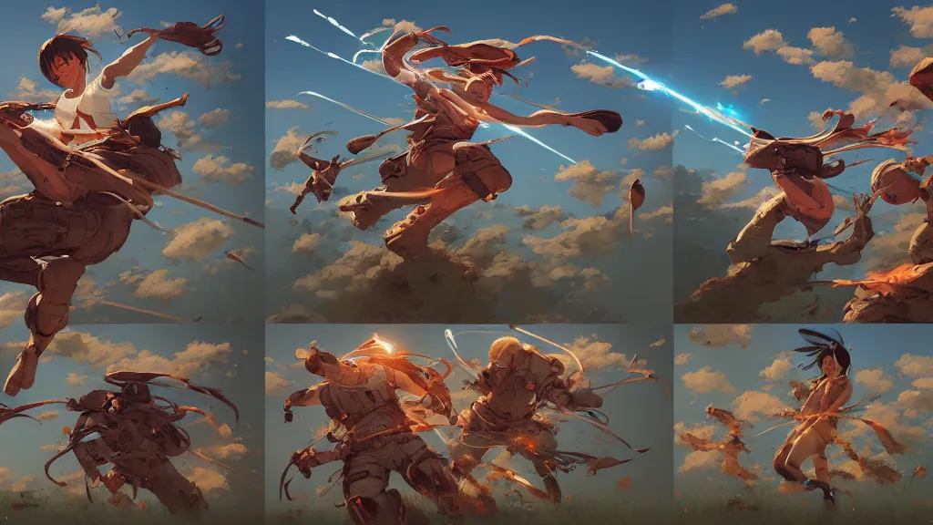 Image similar to highly detailed comic spread combination of art styles depicting an impactful action scene on open meadow clear sky at noon with expert design fictional characters, dynamic art by sakimi, bright colors, moebius, makoto shinkai, murata, james jean, craig mullins, digital painting, masterpiece, best selling, pixiv, volumetric lighting, realistic shaded lighting, 8 k