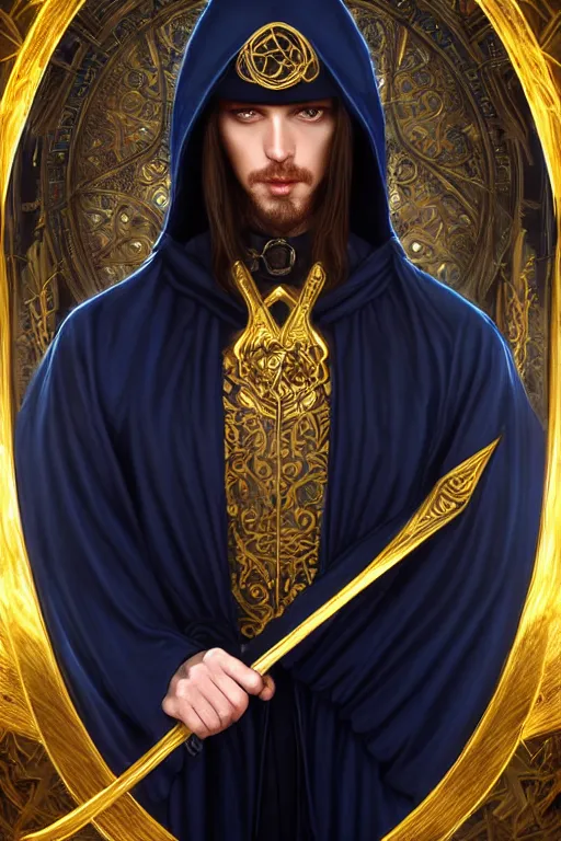 Image similar to handsome male mage fighting, long black hair blue eyes wearing cloth mantle gothic navy cloak with gold details, tree town, fantasy character portrait, ultrarealistic, intricate details, elegant, cinematic lighting, highly detailed, artstation, cgsociety, sharp focus, beautiful digital painting by artgerm, gerald brom, wlop, alphonse mucha