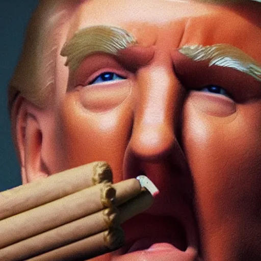 Image similar to a high quality photo of donald trump smoking a cigar, anatomically accurate eyes, 3d scene, render, ultra realistic, artstation, cgsociety