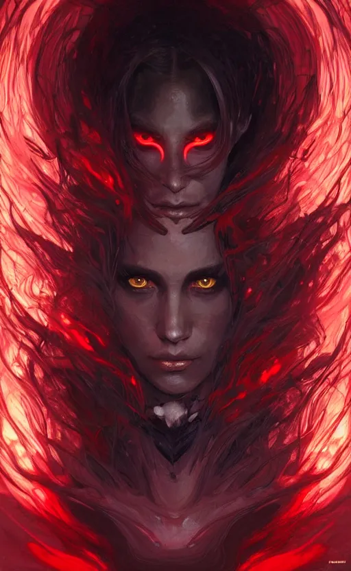 Prompt: Portrait of a dark witch, dark filaments, red glowing eyes, menacing, intimidating, intricate, headshot, highly detailed, digital painting, artstation, concept art, sharp focus, cinematic lighting, illustration, art by artgerm and greg rutkowski, alphonse mucha, cgsociety