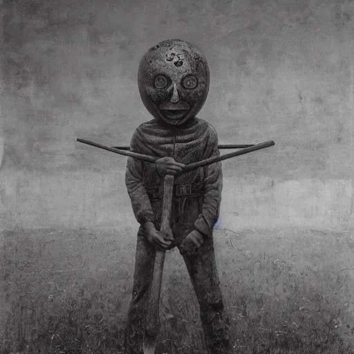 Prompt: pumpkin head man holding a sledgehammer stands inside an abandoned asylum, beksinski