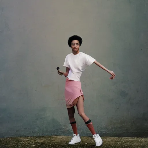 Image similar to realistic photoshooting for a new nike lookbook, color film photography, portrait of a beautiful woman, by photo in style of Tyler Mitchell, wes anderson, Julia Hetta, Tim Walker, Petra Collins, 35mm,