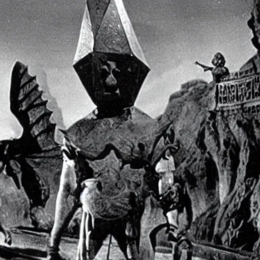 Prompt: A still from a lost 1962 Ray Harryhausen Dungeons & Dragons film. 35mm