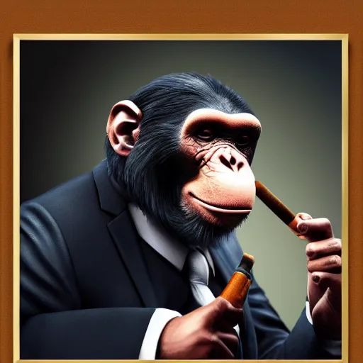 Prompt: a high detail photo of an antropomorphic chimp wearing a suit smoking a cigarrette, subject= chimp, subject detail: wearing a suit, subject action: smoking a cigar, photorealism, dramatic lighting, award winning photograph, trending on artstation