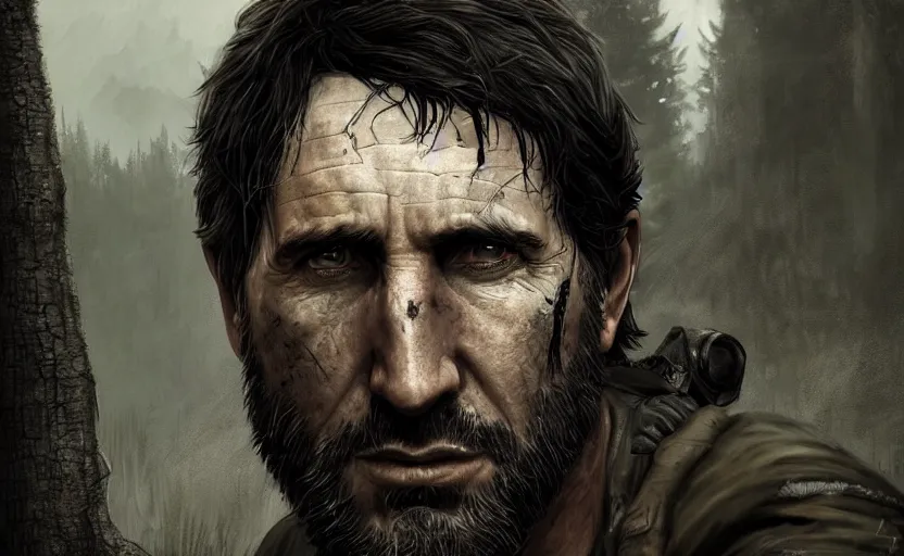 Image similar to an epic fantasy comic book style portrait painting of a very imposing trent reznor as joel in the last of us, character design by mark ryden and pixar and hayao miyazaki, unreal 5, daz, hyperrealistic, octane render, cosplay, rpg portrait, dynamic lighting, intricate detail, cinematic