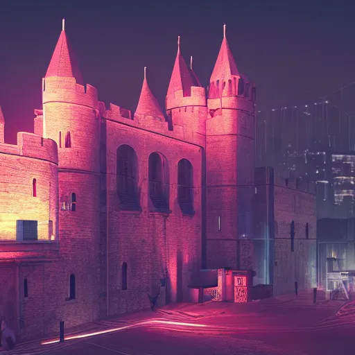 Prompt: cyberpunk landscape of medieval london with a castle. neon. night scene. glow. digital art. octane render.