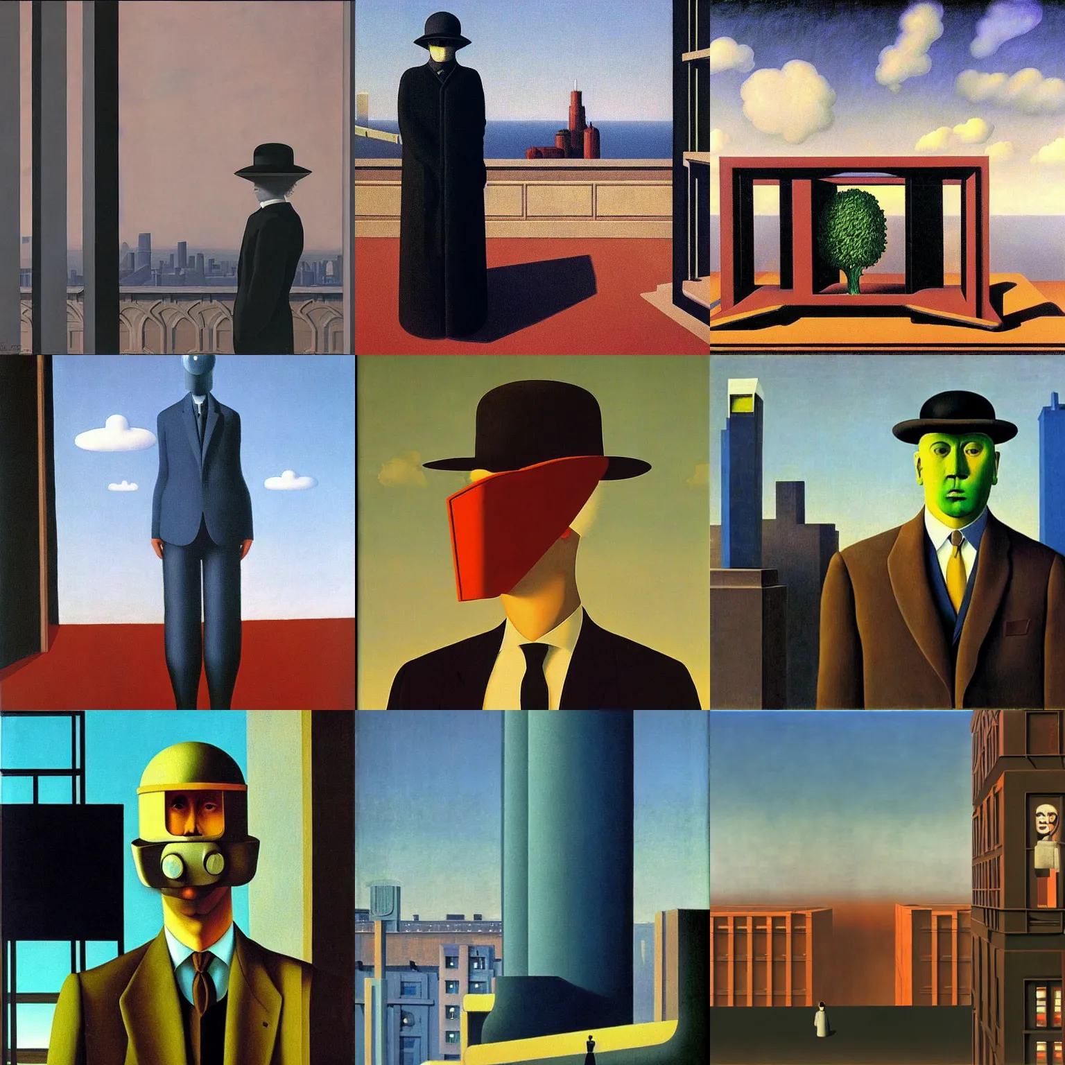 Prompt: by rene magritte. a cyberpunk scene.