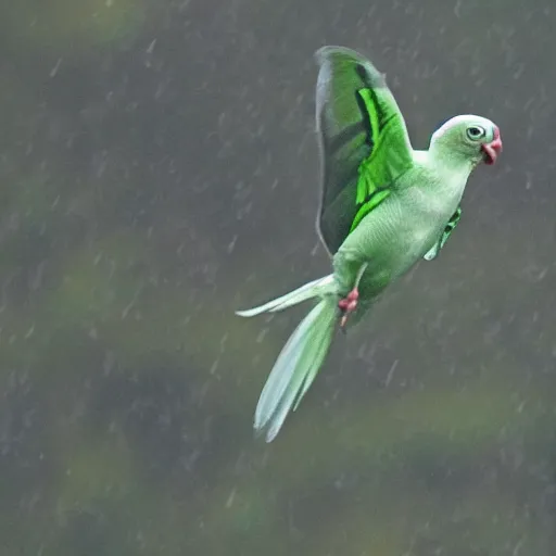 Image similar to gollum - faced bird flying in rain