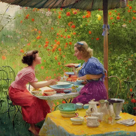 Image similar to a housewife and her daughter putting dishes on a table in the backyard, a tilted parasol sits above the table, a garden with colorful flowers in the background, rainy scene, cozy 1 9 5 0's, medium symmetry, by greg rutkowski, by ilya repin, extreme detail, 8 k, intricate abstract, photorealistic